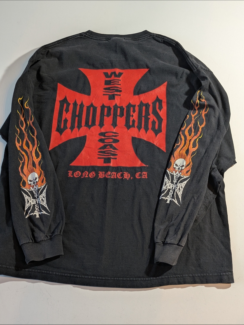 Vintage West Coast Choppers Long Sleeve Shirt CFC Flame Sleeve Skull Black 2XL